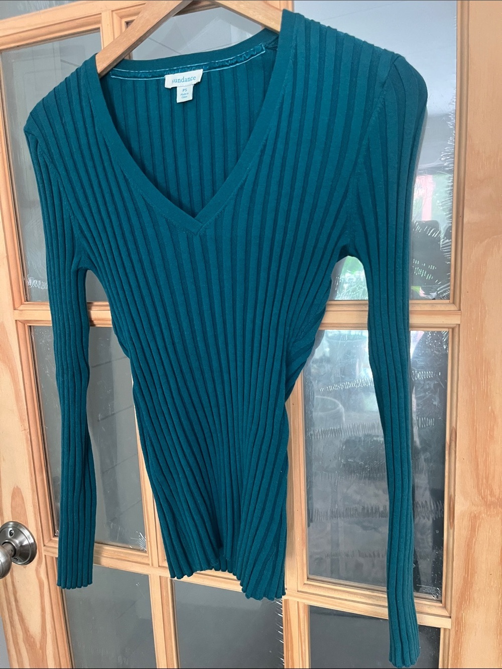 sundance Green V-neck Ribbed Long Sleeve Top petite small